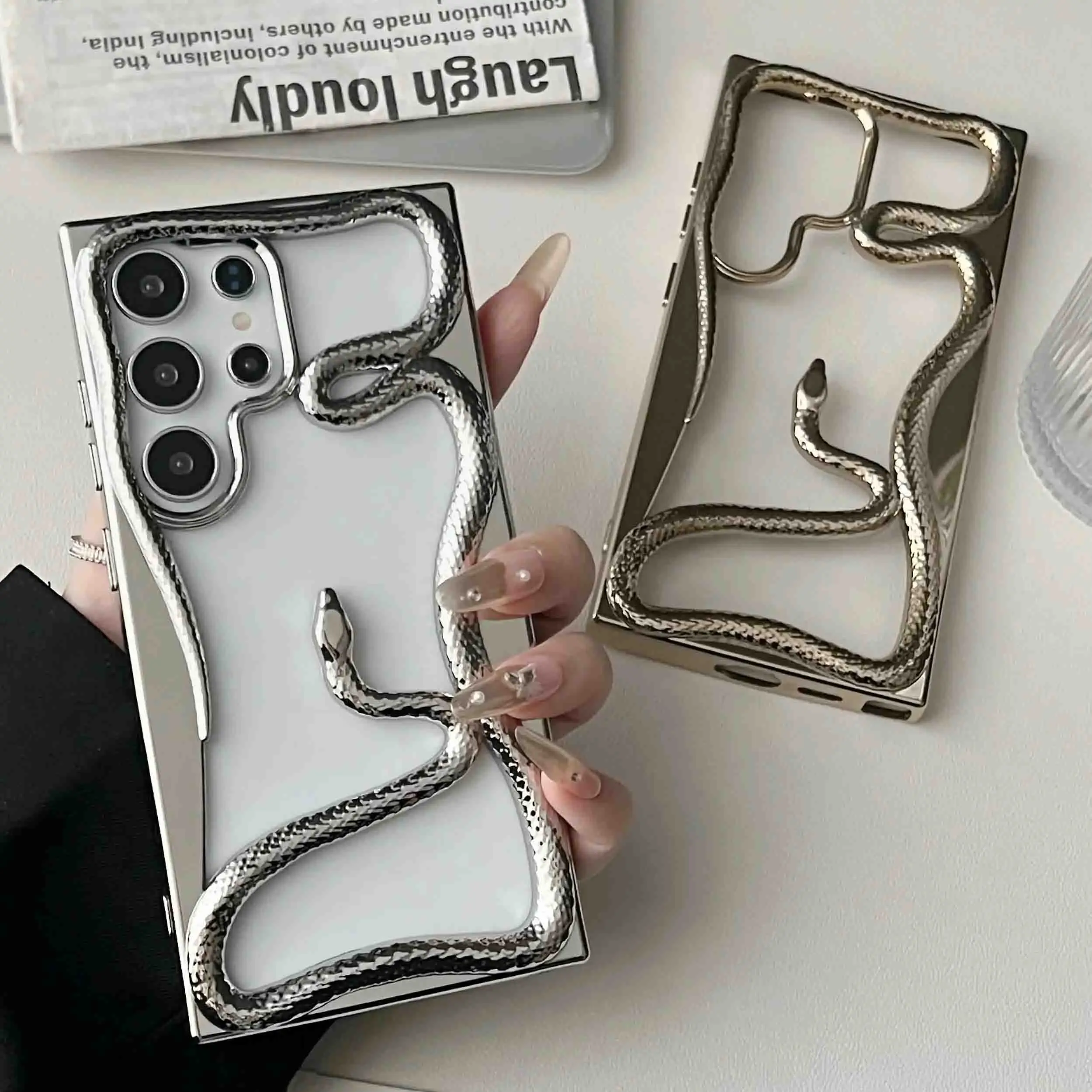 Plating 3D Hollow Snake Phone Case For Samsung S25 S24 S22 S23 Ultra FE A56 A36 A26 A16 A06 A55 Fashion Soft Shockproof Cover