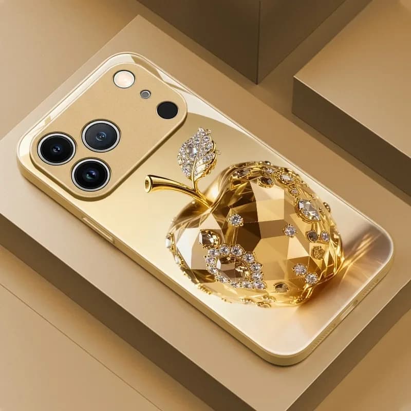 Crystal Diamond Inlaid Golden For Apple Pattern Glass Phone Case For iPhone 17 16 15 14 Pro Max 13 12 11 16 Plus 16E Air Cover