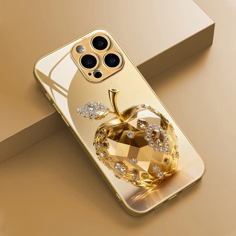 Crystal Diamond Inlaid Golden For Apple Pattern Glass Phone Case For iPhone 17 16 15 14 Pro Max 13 12 11 16 Plus 16E Air Cover