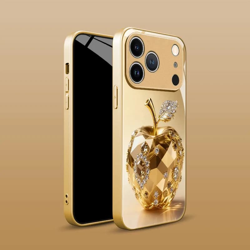 Crystal Diamond Inlaid Golden For Apple Pattern Glass Phone Case For iPhone 17 16 15 14 Pro Max 13 12 11 16 Plus 16E Air Cover