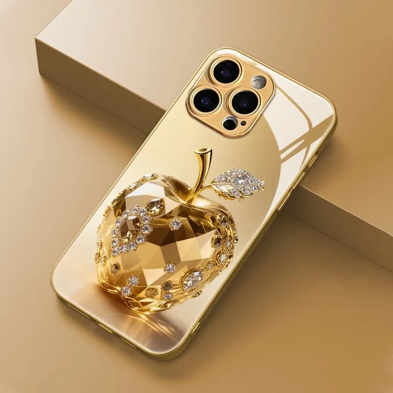 Crystal Diamond Inlaid Golden For Apple Pattern Glass Phone Case For iPhone 17 16 15 14 Pro Max 13 12 11 16 Plus 16E Air Cover